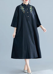 Chic stand collar pockets cotton Wardrobes linen black embroidery long Dress summer - bagstylebliss