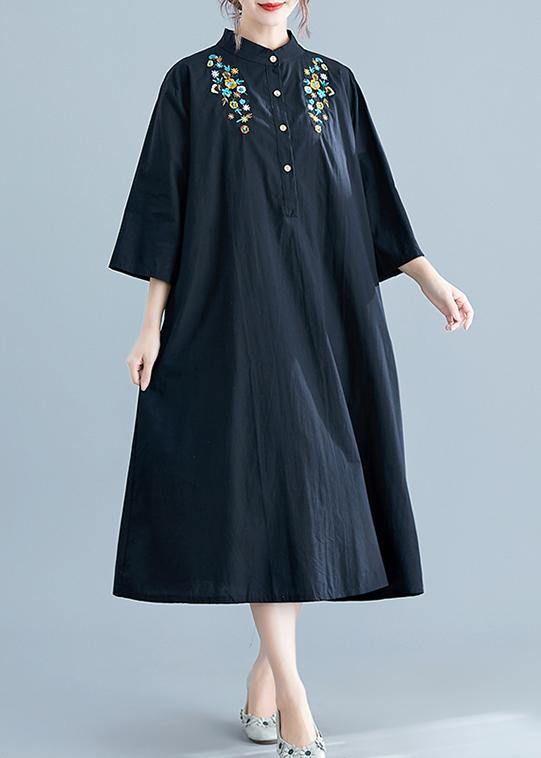Chic stand collar pockets cotton Wardrobes linen black embroidery long Dress summer - bagstylebliss
