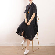 Chic stand collar pockets cotton linen v neck quilting dresses Tunic Tops black striped Dresses - bagstylebliss