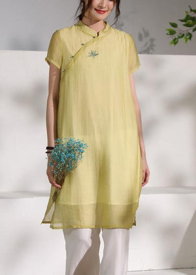 Chic stand collar summer Outfits yellow embroidery Dress - bagstylebliss