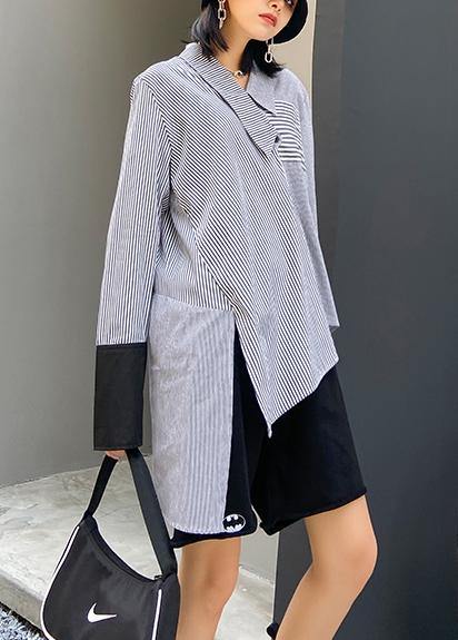 Chic striped shirts women side open asymmetric tunic blouse - bagstylebliss