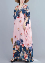 Chic v neck Batwing Sleeve dresses Wardrobes pink print long Dress - bagstylebliss
