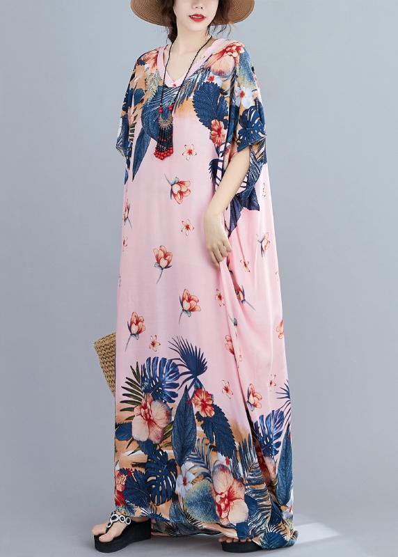 Chic v neck Batwing Sleeve dresses Wardrobes pink print long Dress - bagstylebliss