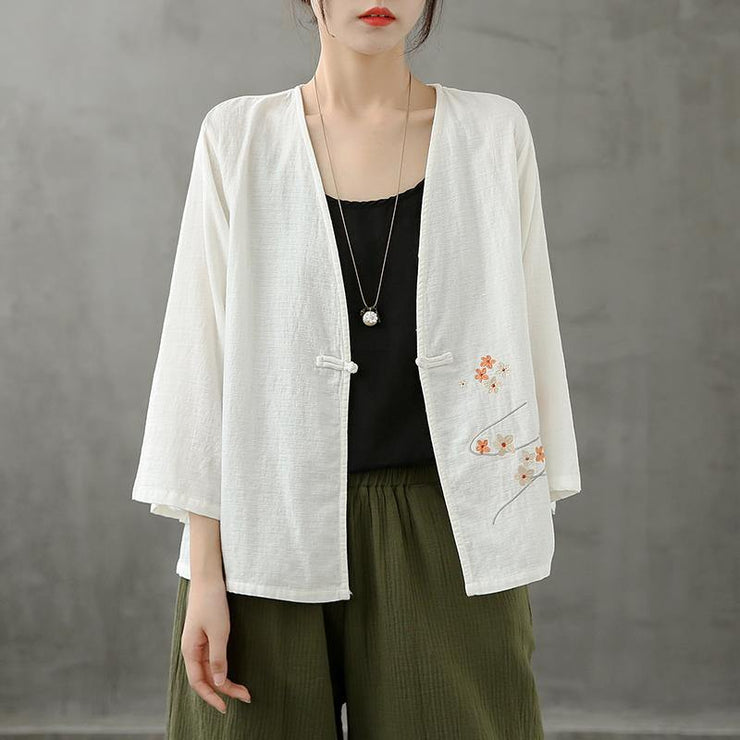 Chic v neck Chinese Button crane tops pattern white shirts - bagstylebliss