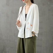 Chic v neck Chinese Button crane tops pattern white shirts - bagstylebliss