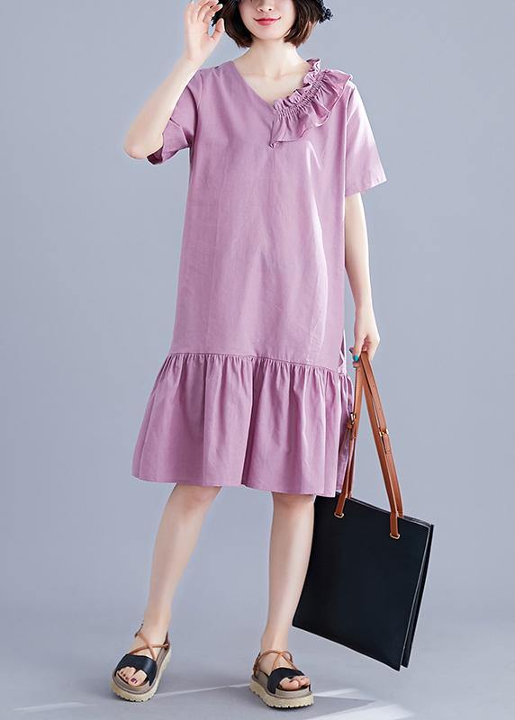 Chic v neck Ruffles linen Long Shirts Outfits purple Dresses summer - bagstylebliss