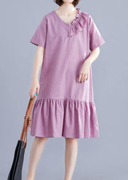 Chic v neck Ruffles linen Long Shirts Outfits purple Dresses summer - bagstylebliss
