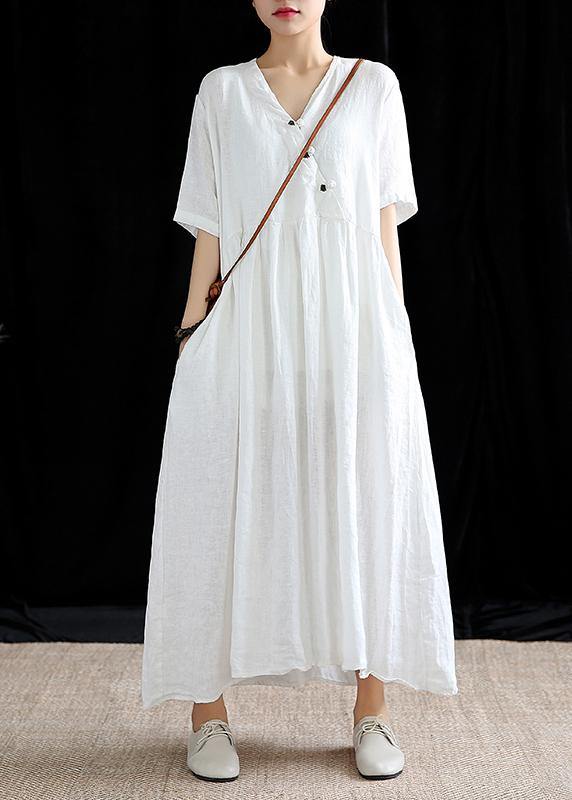 Chic v neck exra large hem linen dresses Work white Dresses summer - bagstylebliss