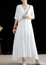 Chic v neck exra large hem linen dresses Work white Dresses summer - bagstylebliss