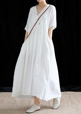 Chic v neck exra large hem linen dresses Work white Dresses summer - bagstylebliss
