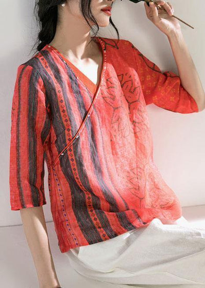 Chic v neck half sleeve linen Blouse Shirts red print top - bagstylebliss