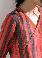Chic v neck half sleeve linen Blouse Shirts red print top - bagstylebliss