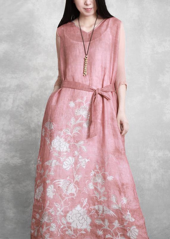 Chic v neck tie waist Wardrobes Catwalk pink print Dress - bagstylebliss