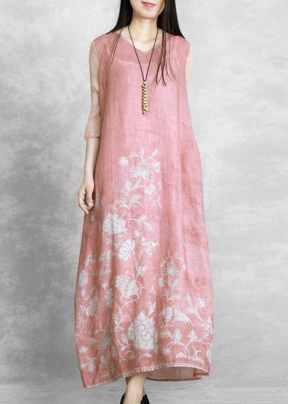 Chic v neck tie waist Wardrobes Catwalk pink print Dress - bagstylebliss