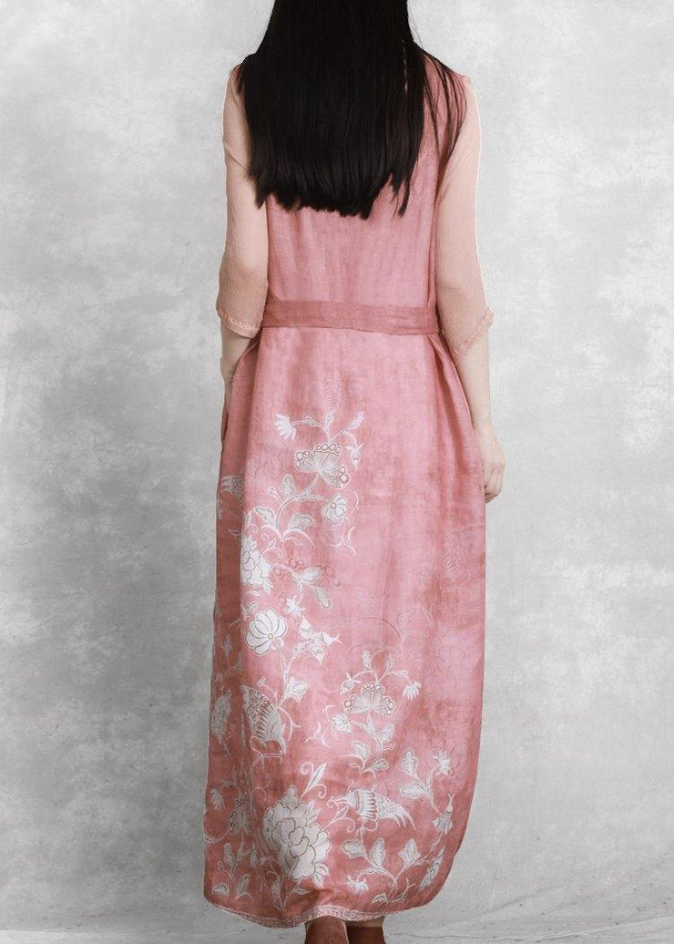 Chic v neck tie waist Wardrobes Catwalk pink print Dress - bagstylebliss