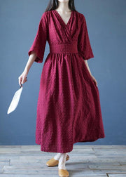 Chic v neck tie waist linen clothes For Women Runway burgundy Dress - bagstylebliss