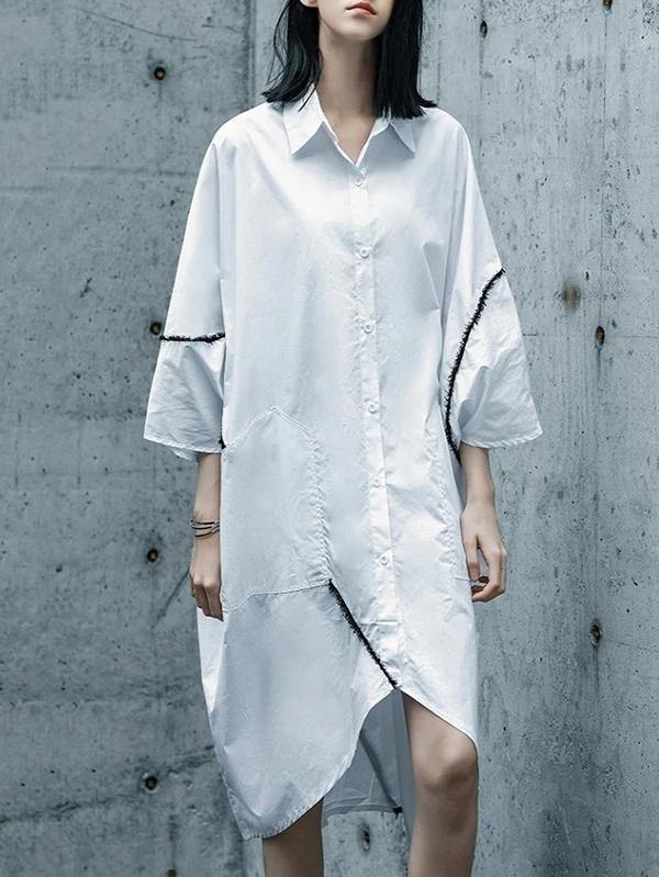 Chic white Cotton tunics for women lapel asymmetric daily shirt Dresses - bagstylebliss