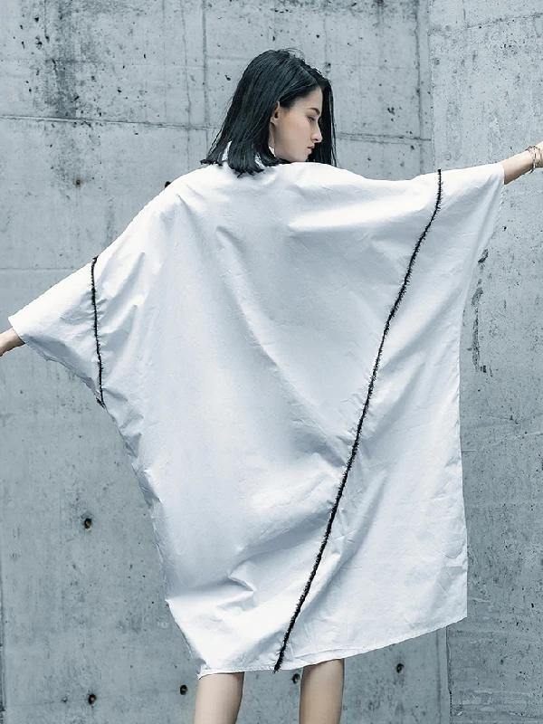 Chic white Cotton tunics for women lapel asymmetric daily shirt Dresses - bagstylebliss