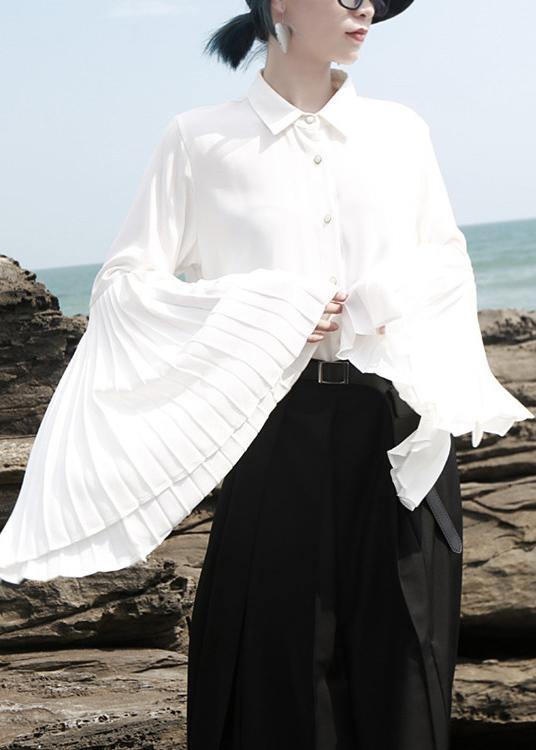 Chic white chiffon clothes For Women pleated sleeve loose lapel collar blouse - bagstylebliss