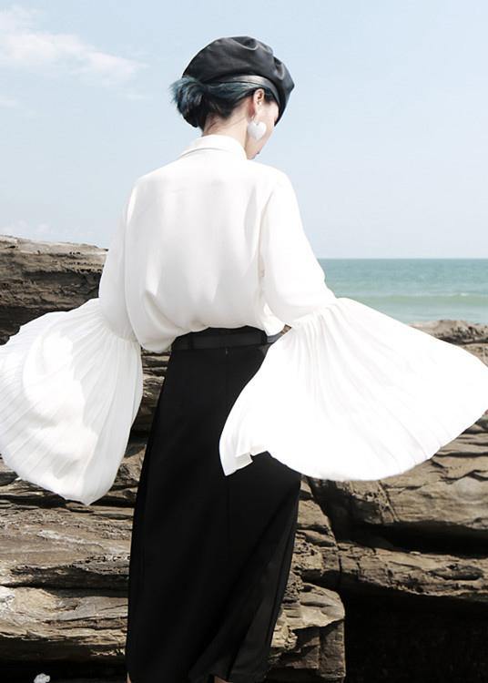 Chic white chiffon clothes For Women pleated sleeve loose lapel collar blouse - bagstylebliss