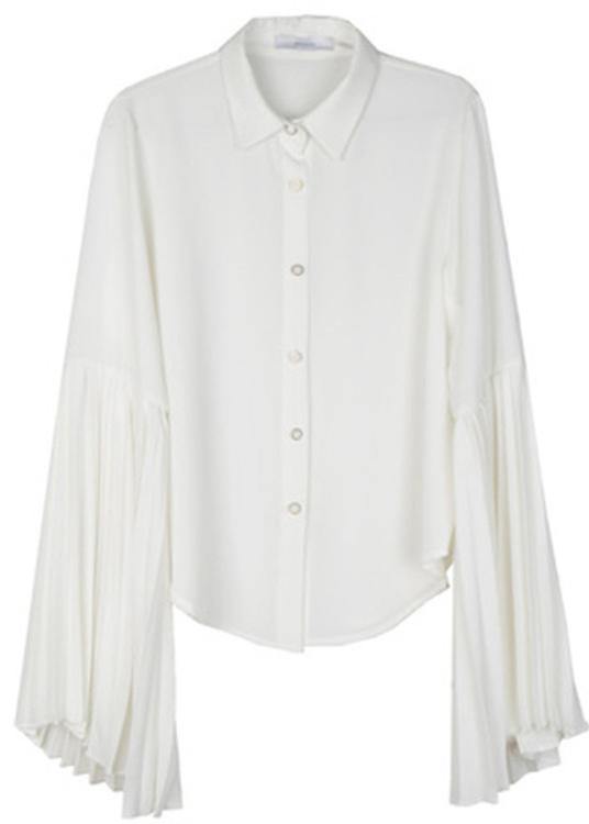 Chic white chiffon clothes For Women pleated sleeve loose lapel collar blouse - bagstylebliss