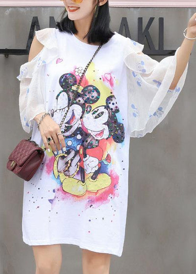 Chic white prints Cotton quilting clothes flare sleeve Knee summer Dress - bagstylebliss