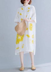Chic white prints linen dresses stand collar Maxi summer Dress - bagstylebliss