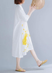 Chic white prints linen dresses stand collar Maxi summer Dress - bagstylebliss