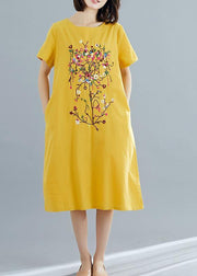 Chic yellow prints Cotton quilting dresses short sleeve shift summer Dress - bagstylebliss