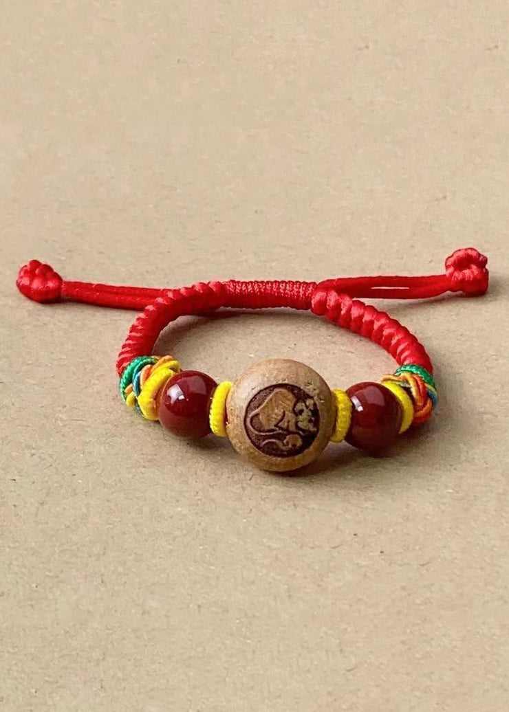 Children Cinnabar Peach Wood Zodiac Hand Woven Bracelet