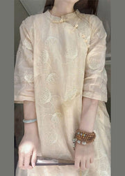 Chinese Style Apricot Embroidered Patchwork Linen Dresses Summer