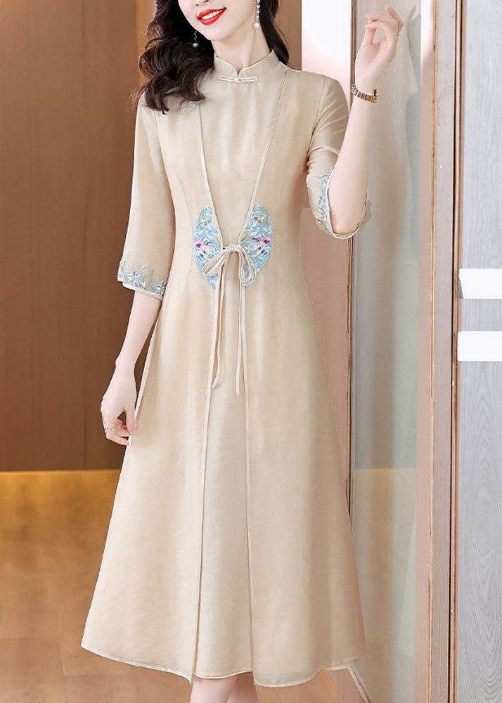 Chinese Style Apricot Stand Collar Embroidered Patchwork Tie Waist Silk Maxi Dress Long Sleeve