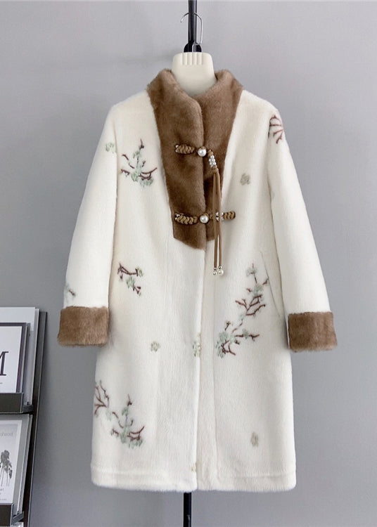 Chinese Style Beige Tasseled Embroidered Mink Cashmere Coat Winter