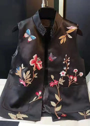 Chinese Style Black Butterfly Embroidered Patchwork Silk Vest Sleeveless