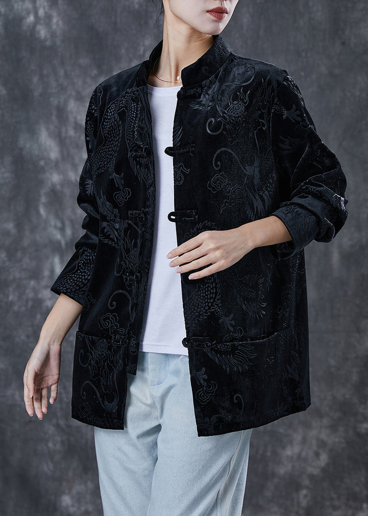 Chinese Style Black Embroideried Corduroy Jacket Spring