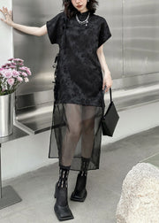 Chinese Style Black Jacquard Lace Up Tulle Patchwork Dress Summer