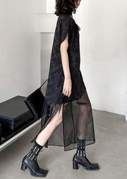 Chinese Style Black Jacquard Lace Up Tulle Patchwork Dress Summer