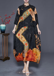 Chinese Style Black Oversized Print Silk Dress Fall