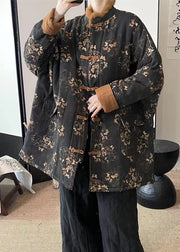 Chinese Style Black Pockets Print Fine Cotton Filled Coat Winter