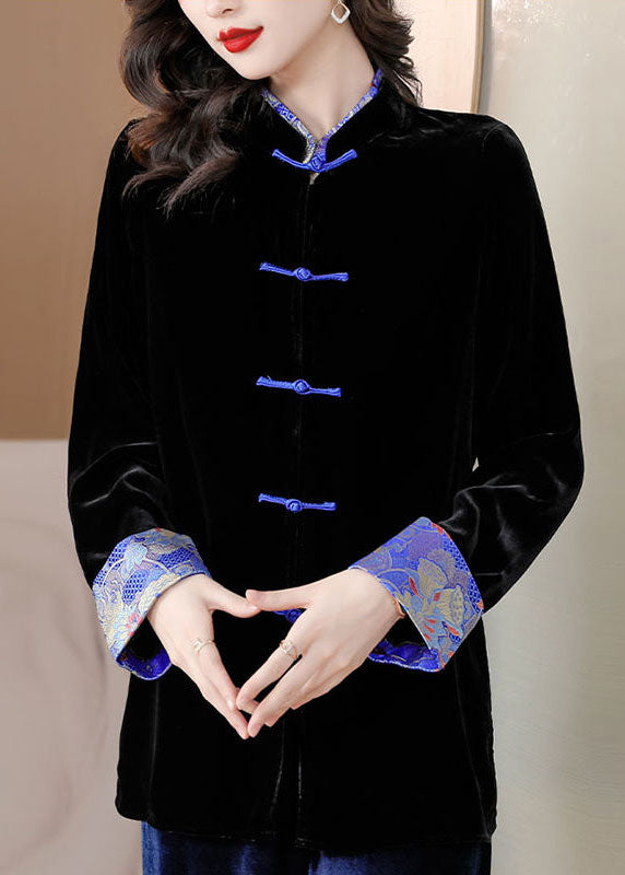 Chinese Style Black Print Button Silk Velour Coats Long Sleeve