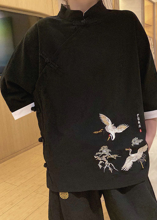 Chinese Style Black Stand Collar Embroidered Linen tops Three Quarter sleeve