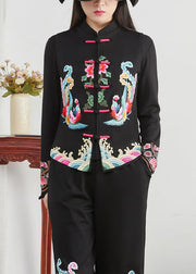 Chinese Style Black Stand Collar Embroidered Patchwork Cotton Waistcoat Sleeveless