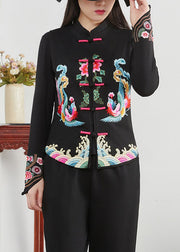 Chinese Style Black Stand Collar Embroidered Patchwork Cotton Waistcoat Sleeveless