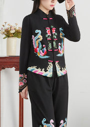 Chinese Style Black Stand Collar Embroidered Patchwork Cotton Waistcoat Sleeveless