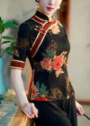 Chinese Style Black Stand Collar Print Button Cotton Top Summer