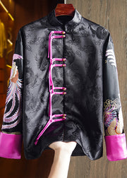 Chinese Style Black Stand Collar Tasseled Embroidered Silk Coat Fall