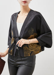 Chinese Style Black Tasseled Print Silk Cardigan Spring