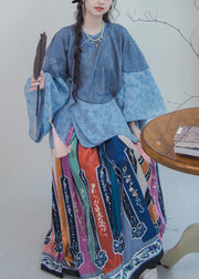 Chinese Style Blue Button Print Lace Patchwork Two Pieces Set Long Sleeve