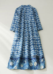 Chinese Style Blue Button Print Pockets Linen Dresses Half Sleeve