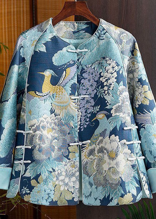 Chinese Style Blue Embroidered Oriental Button Spliced Silk Coat Autumn